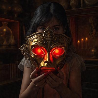 The primary subject of the image is a young girl wearing a gold mask with red eyes. She is holding the mask in front of her face, creating a striking visual effect. The setting appears to be a dark room, with a few bottles scattered around the area. The visual style of the image is a combination of digital art and illustration, giving it a unique and artistic appearance. The dominant colors in the image are gold and red, with the red eyes of the mask adding a bold and striking element to the overall atmosphere.